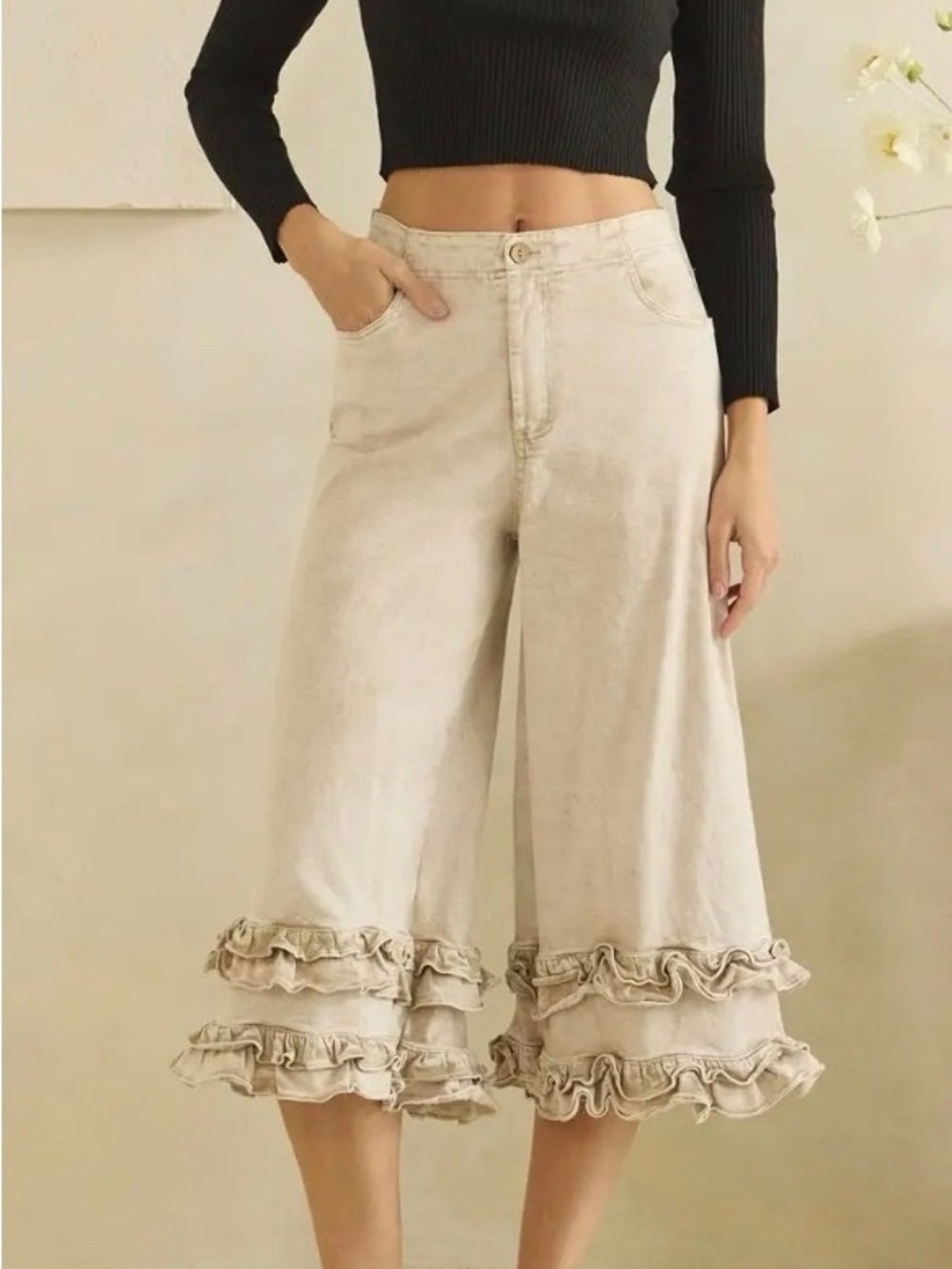 Oli & Hali Ruffled Cropped Wide-Leg Pants - Cream